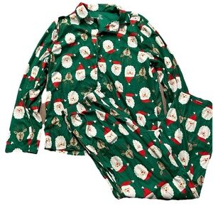 Carter’s Adult Christmas Pajamas Button Up Shirt Pants Green Santa Size Large
